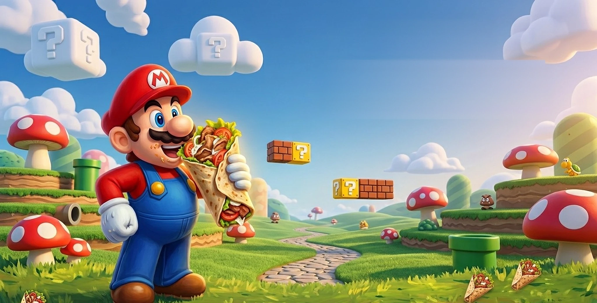 Chez Mario : Mario savoure un kebab dans un monde de champignons et de collines